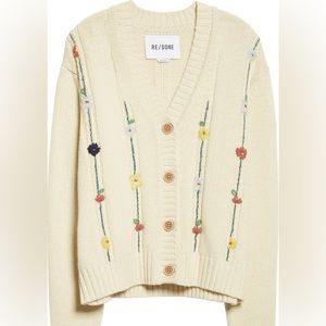 Re/Done 50s Embroidered V-Neck Cotton & Wool Blend Cardigan